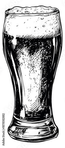 Hand drawn line art illustration of a glass of beer depicting froth and bubbles for a beverage concept