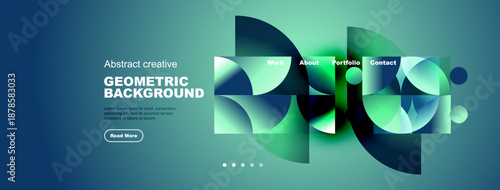 Abstract website design features flowing geometric shapes, text elements, navigation menu. Blue gradient background dominates composition.