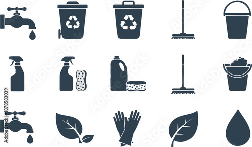 Household Cleaning and Recycling Icons Set with Water Taps, Brooms, Spray Bottles, Buckets, Sponges, Gloves, and Eco Leaves Vector Illustration