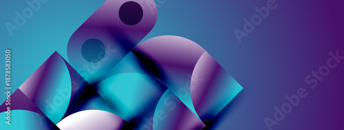 Abstract composition featuring overlapping translucent shapes. Blue, purple hues create dynamic visual effect. Modern design elements present.