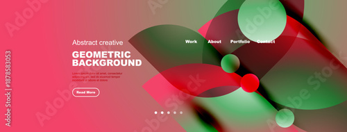 Abstract website header design. Geometric shapes, red, green hues dominate visual space. Navigation menu present. Minimalist style.