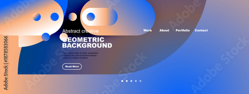 Modern website header design. Abstract shapes, gradient colors, navigation menu, text content, button visible. Clean, simple layout.