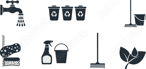 Household Cleaning and Recycling Icons Set with Water Tap, Brooms, Buckets, Spray Bottle, Sponges, and Eco Leaf Vector Illustration