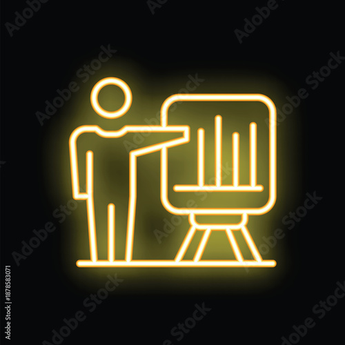 Businessman giving presentation pointing at flip chart neon sign on black background