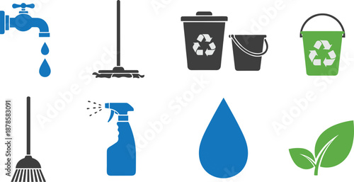 Household Cleaning and Recycling Icons Set with Water Tap, Spray Bottle, Buckets, Mop, and Eco Leaf Vector Illustration