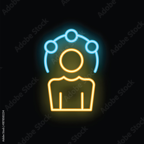 Neon sign representing a businessman juggling tasks, symbolizing multitasking, organization, and time management