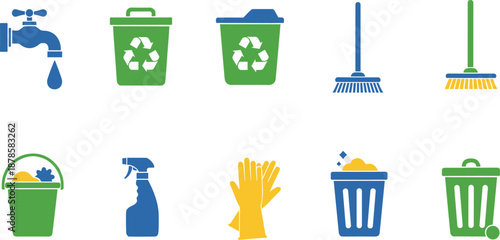 Household Cleaning and Recycling Icons Set with Water Tap, Waste Bins, Brooms, Gloves, and Cleaning Tools Vector Illustration