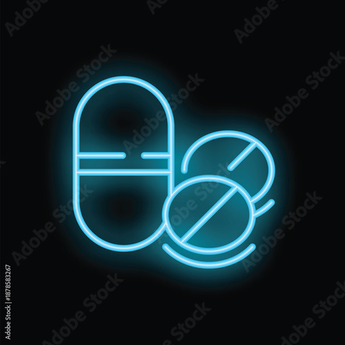 Neon blue glowing outline icon of medicine pills on dark background
