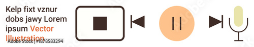 Audio management, media playback, recording systems, podcasting, user interface, digital interaction. Stop square, play arrow pause circle microphone symbol. Audio management and media playback