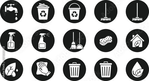 Black Circular Household Cleaning and Recycling Icons Set with Water, Tools, Waste Bins, Gloves, and Eco Home Symbols Vector Illustration