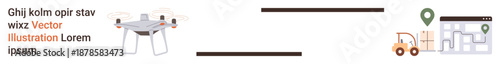 quadcopter delivery, logistics planning, supply chain, transportation, e-commerce, GPS tracking. A Quadcopter and icons delivery with location marker and warehouse. Drone delivery and logistics