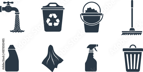 Household Cleaning and Recycling Icons Set with Water Tap, Buckets, Spray Bottle, Broom, and Waste Bins Vector Illustration