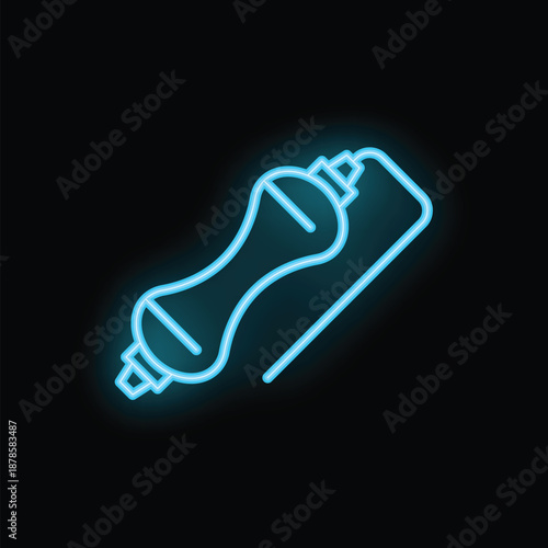 Blue neon sign of a sport water bottle lying on yoga mat on a black background representing healthy lifestyle and fitness concept