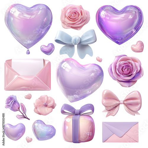 Wallpaper Mural A collection of bubble style elements for Valentines Day is shown. The design features hearts, roses, gifts, and bows on a transparent background. Each element is cut out and colorful Torontodigital.ca