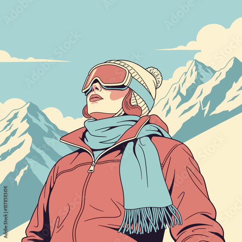 A retro vintage illustration of a woman enjoying a scenic snowy mountain landscape, perfect for winter sports and lifestyle themes