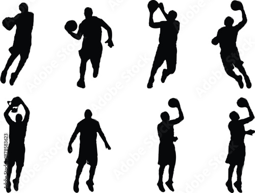 Basketball player silhouettes in action poses showing jumping, shooting and dribbling, black sport figures isolated on white background for athletic and fitness design
