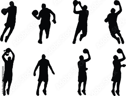 Basketball player silhouettes set showing jumping, shooting, dribbling and dunking actions, isolated black figures on white background for sports, fitness and training design