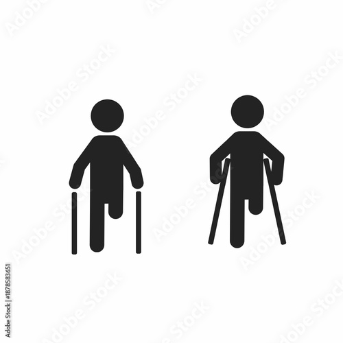 Disabled person icon set showing figures using crutches and walking aids. Vector illustration for accessibility, rehabilitation, and medical care.