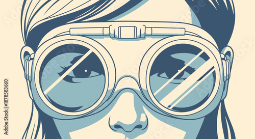 Captivating Retro-Vintage Gaze An Illustrated Portrait of a Woman in Stylish Pilot Goggles, Reflecting a Bygone Era with Cool Tones
