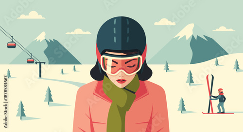 A pensive woman on a retro ski slope, enjoying a vintage winter mountain adventure, surrounded by snow and ski lifts, depicted in a stylish illustration
