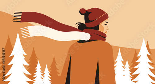 A serene retro, vintage illustration of a woman in warm winter attire, adorned with a hat and long scarf, observing a tranquil, minimalist snowy landscape