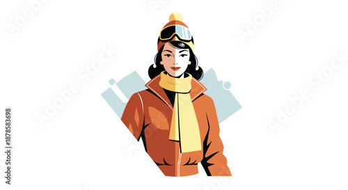Captivating retro vintage illustration of a stylish woman dressed for winter sports, embodying timeless alpine adventure and classic cold-weather fashion on the snowy slopes