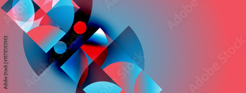 Abstract composition featuring overlapping shapes. Blue, red hues dominate, creating dynamic visual effect. Gradient background adds depth.