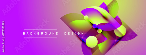 Abstract vibrant design features overlapping circles, gradients. Purple background enhances dynamic visual composition. Modern aesthetic.