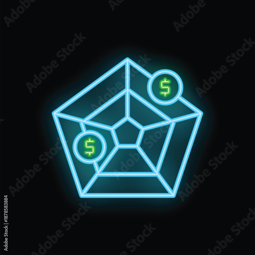 Glowing neon illustration representing the concept of decentralized finance with a geometric shape and dollar symbols