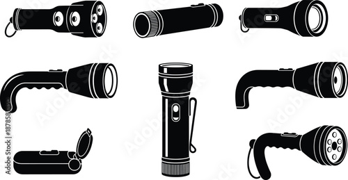 Flashlight silhouette set showing handheld torches in different designs and angles, isolated black icons on white background for camping, emergency, security and outdoor use
