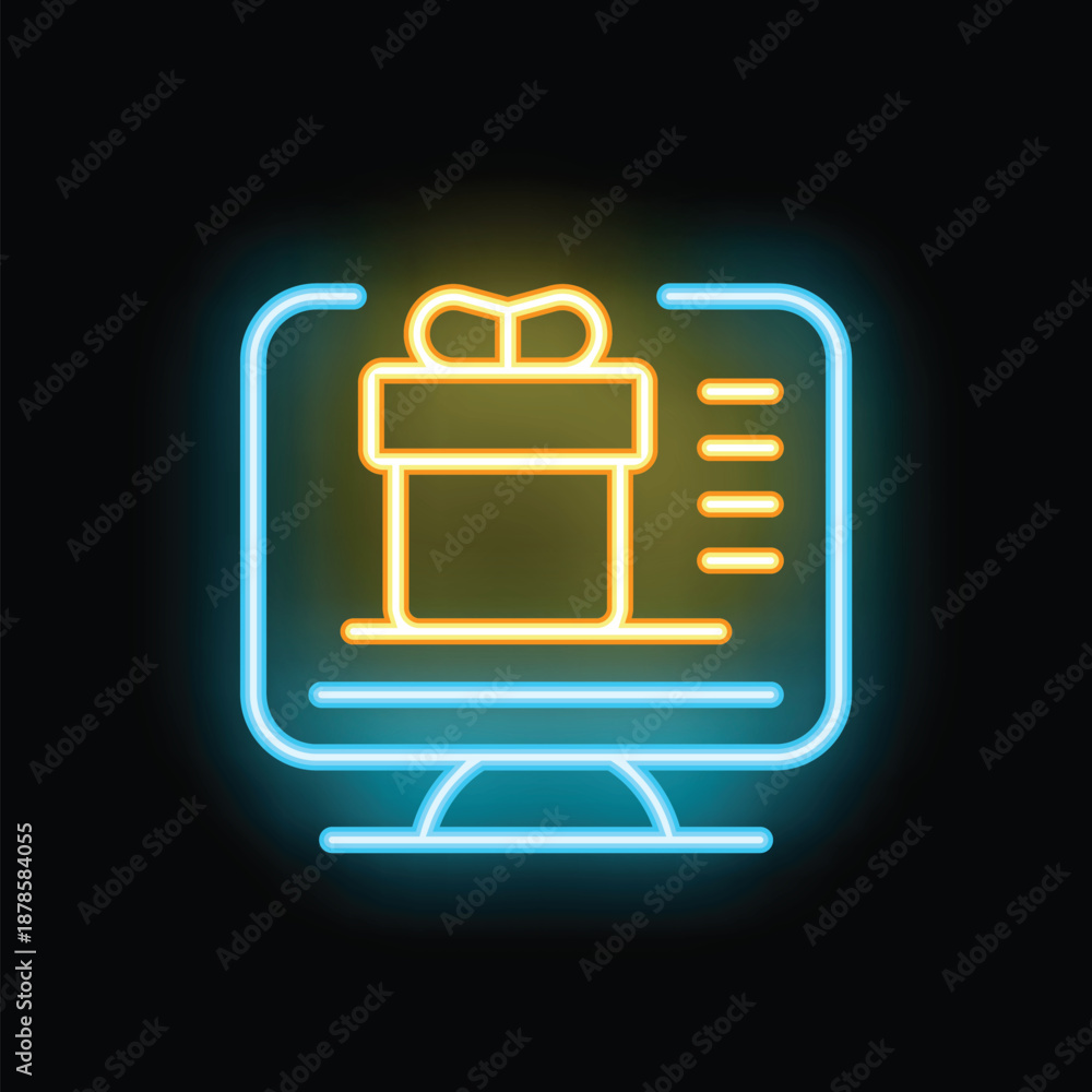 Naklejka premium Vibrant neon icon illustrating the concept of online gift purchases, loyalty programs, and digital rewards