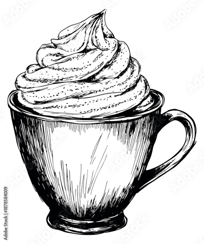Hand drawn illustration of a cup with whipped cream depicting a sweet treat for cafe menus