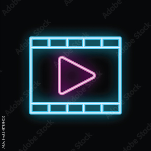 Neon video player icon is glowing on a dark background, representing a concept related to online entertainment