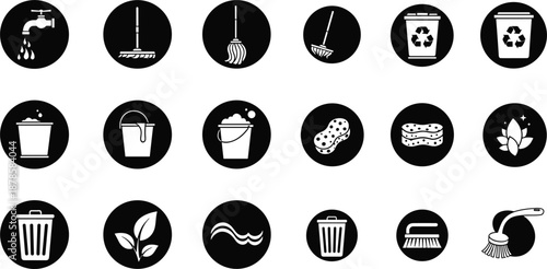 Black Circular Household Cleaning and Recycling Icons Set with Water, Tools, Buckets, Waste Bins, and Eco Symbols Vector IllustrationBlack Circular Household Cleaning and Recycling Icons Set with 