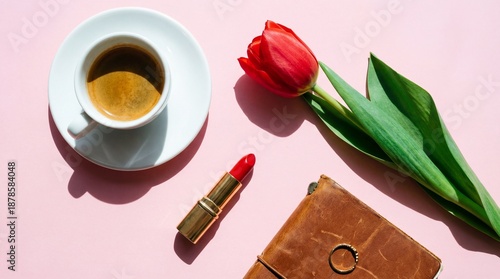 Flat lay of coffee, red tulip, lipstick, and leather wallet pink background, top view