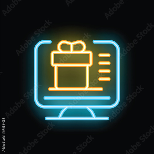 Vibrant neon icon illustrating the concept of online gift purchases, loyalty programs, and digital rewards