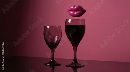 Surreal composition with floating pink lips above two wine glasses filled with red wine against a magenta background