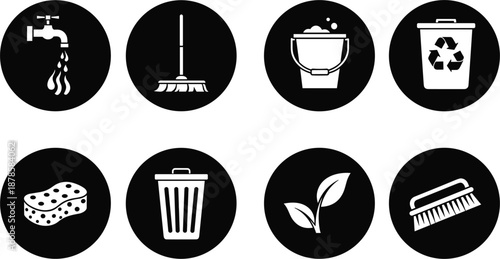 Black Circular Household Cleaning and Recycling Icons Set with Water, Tools, Waste Bin, and Eco Leaf Symbols Vector Illustration