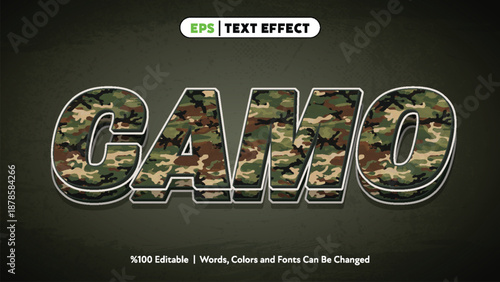 Camouflage pattern text effect with green brown and beige military colors bold three dimensional style with shadow and outline on dark grunge background vector artwork