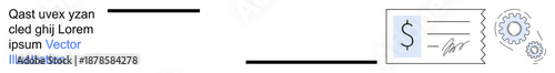 Payment processing, finance, document management, banking systems, automation, transaction security. A cheque symbol with a dollar sign and a gear icon. Payment processing and finance theme