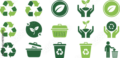 Green Recycling and Eco Sustainability Icons Set with Waste Bins, Leaf Symbols, and Environmental Care Concepts Vector Illustration