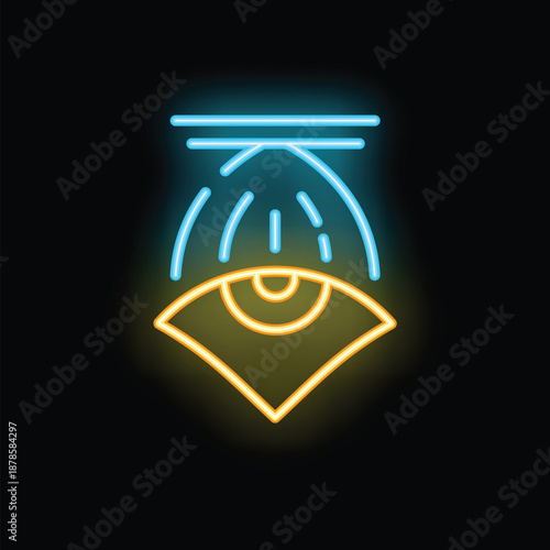 Neon icon of eye tracking system scanning eyesight with light rays on black background