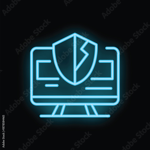 Neon blue broken shield covering a computer screen representing online security breach