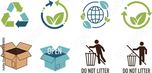 Eco Recycling and Environmental Awareness Icons Set with Earth, Leaf Cycles, Packaging, and Do Not Litter Symbols Vector Illustration