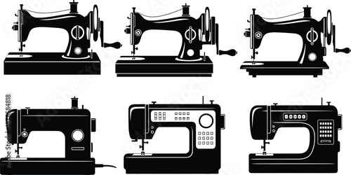 Sewing machine silhouette set showing vintage and modern models, isolated black illustrations on white background for tailoring, fashion, craft, workshop and textile design use