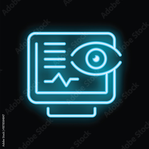 Glowing neon icon of eye tracking data being analyzed on a computer screen, representing concept of biometric authentication