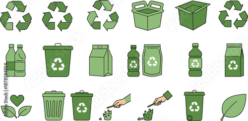 Green Recycling and Waste Management Icons Set with Bottles, Bins, Packaging, and Eco Symbols Vector Illustration
