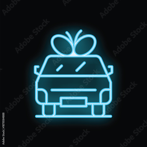 Glowing blue neon icon of a delivery truck carrying a gift box on its roof, isolated on black background