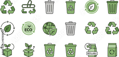 Eco Recycling and Waste Management Icons Set with Bins, Leaf Symbols, Refillable Packaging, and Sustainability Concept Vector Illustration