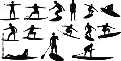 Surfing silhouette set showing surfers riding waves, paddle boarding, balancing and carving moves, isolated black figures on white background for summer, sport and ocean design